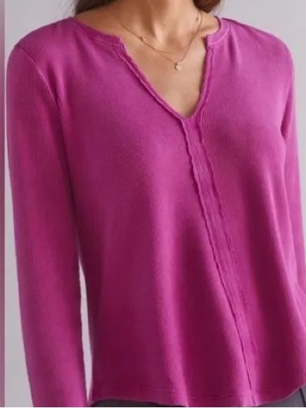 Anthropologie Pilcro Fuchsia Waffle Knit Thermal V-Neck Top Loungewear Cozy Xs